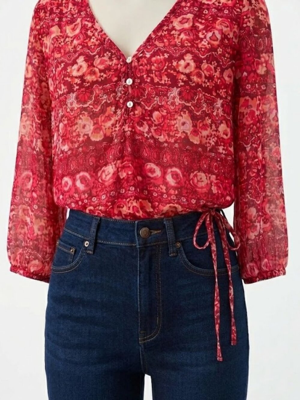 Lucky Brand Red Floral Paisley SHEER Blouse V-Neck Boho Size M